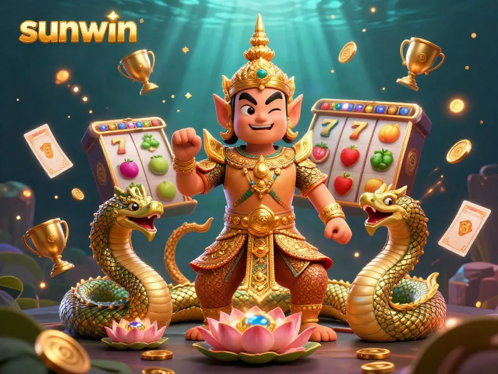 Experience the thrill of gaming with sunwin in this vibrant casino scene featuring animated characters and slot reels.