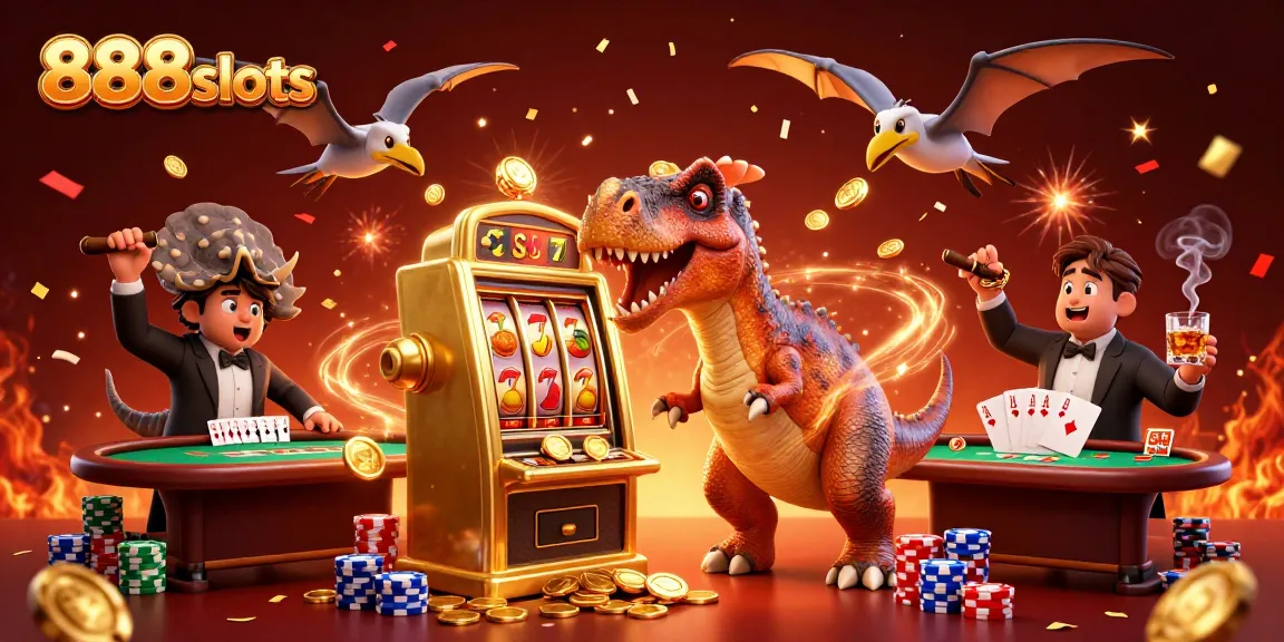 Spin for big wins at 888slots with dinosaurs celebrating jackpots amidst casino excitement!