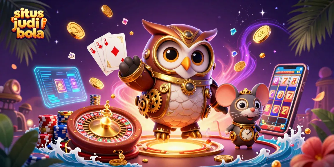 Situs judi bola scene showcasing a time-traveler owl and clockwork mouse among vibrant casino elements