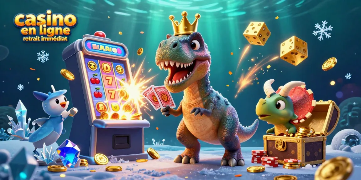 Casino en ligne retrait immédiat : illustration dynamique avec un T-Rex et un ptérodactyle dans un monde de jeux d'argent.