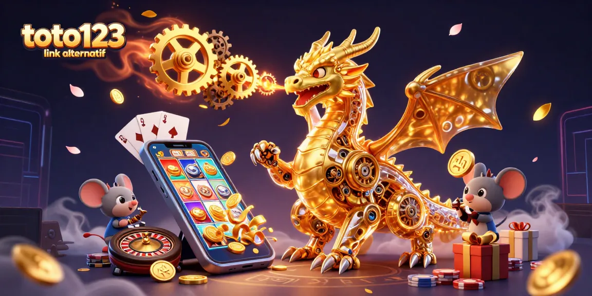 Toto123 link alternatif showcases an exciting scene with a golden dragon and immersive casino games, highlighting dynamic betting experiences.