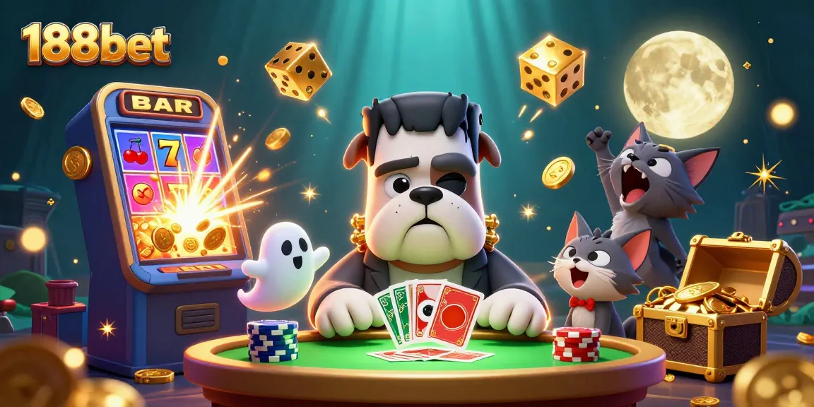 Engage with 188bet at a vibrant casino scene featuring a lively bulldog dealer amidst exploding jackpot coins.