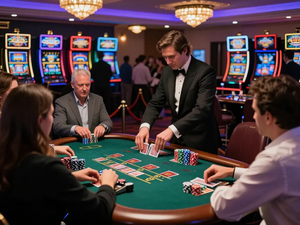 Players engage in intense blackjack at FLY88 casino with chips and cards visible, vibrant atmosphere enhances excitement