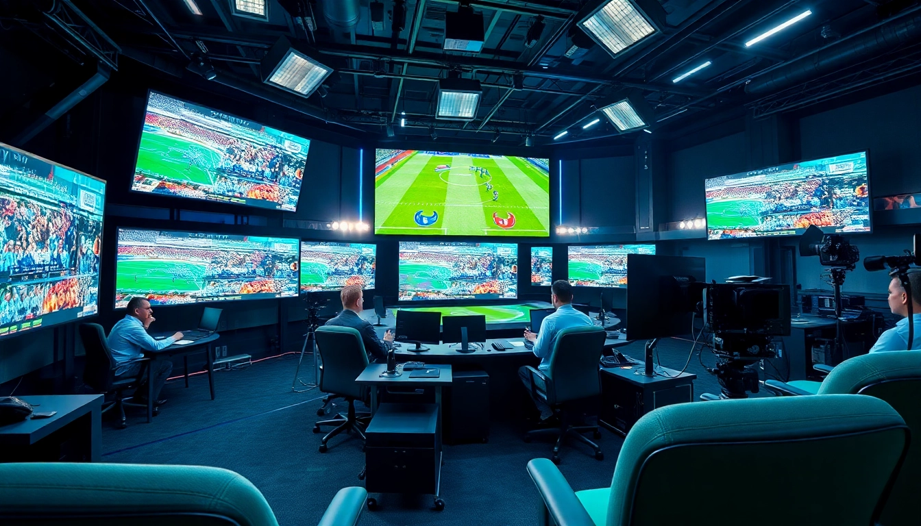 Engaging professional sports broadcasting studio with dynamic screens and commentators.
