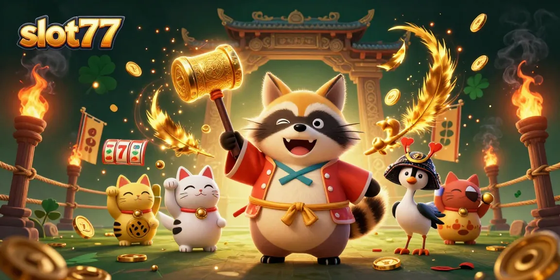 Bermain slot77 dengan karakter ceria dan simbol kemenangan, peruntukan untuk pemain judi slot online.