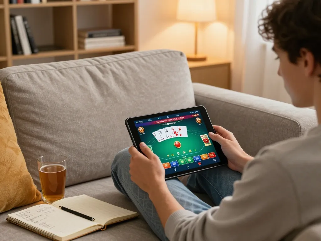Engaging in online poker strategies with 388bet at home, showcasing a cozy gaming setup.