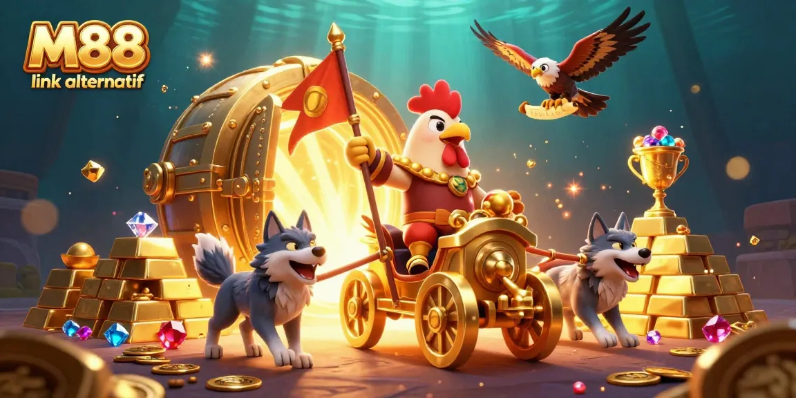 Experience excitement with M88 link alternatif in a vibrant cockfighting scene featuring treasure and dynamic characters.