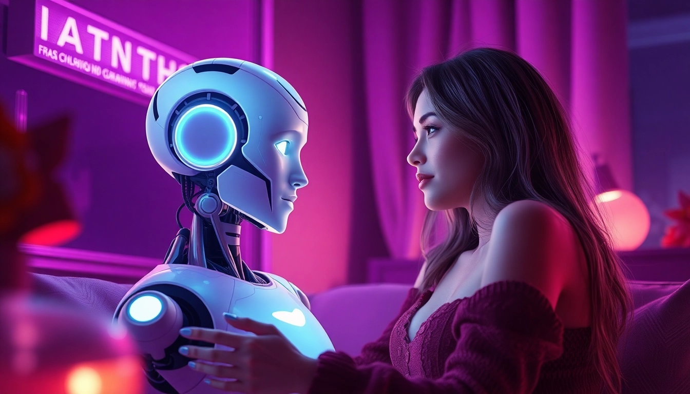 An intimate NSFW AI interaction showcasing a humanoid chatbot warmly engaging with a human user in a cozy, modern setting.