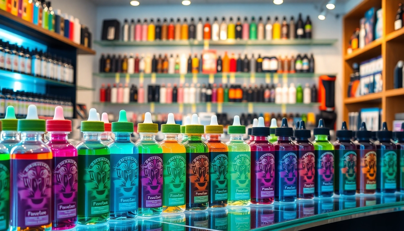 Shop premium Vape & E-Liquids showcasing colorful bottles in a cozy vape shop.
