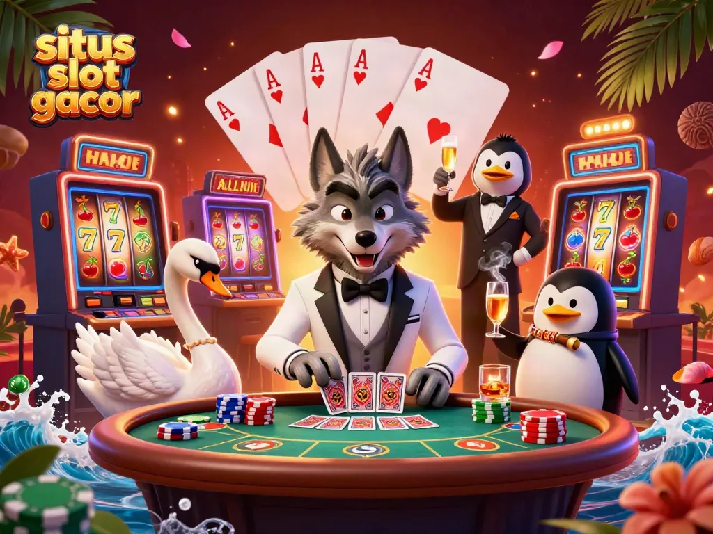 Menghadirkan situs slot gacor dengan karakter kartun kasino yang menampilkan dadu dan mesin slot.
