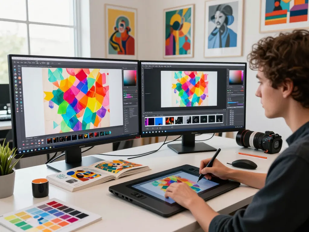 Creative artist utilizing Nano Banana Pro AI image editor in a vibrant art studio.