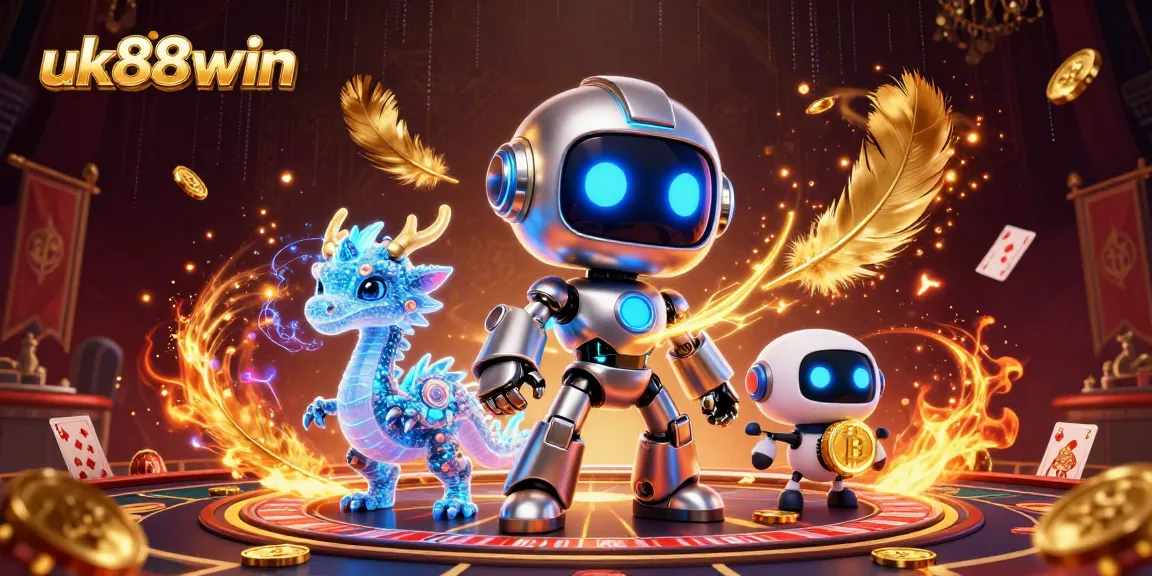Engage in thrilling games at uk88win with our dynamic casino scene featuring vibrant characters, playing cards, and betting tokens.