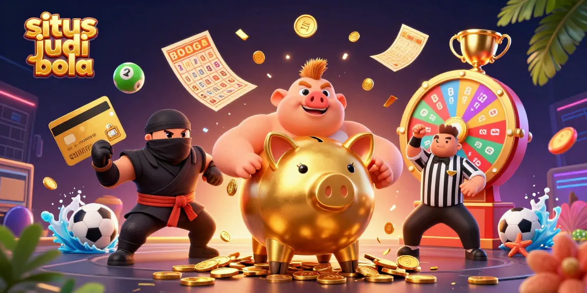 Experience situs judi bola with an action-packed scene featuring a golden piggy bank sumo wrestler and dynamic casino elements