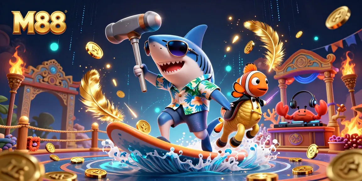 M88 casino features a shark surfing gold coins with lively gaming elements in a vibrant scene.