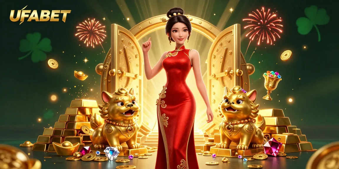 Experience UFABET's thrilling gaming with a glamorous woman in a cheongsam amidst gold treasures and vibrant fireworks.