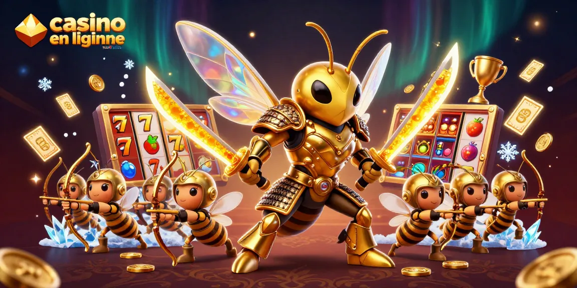 Illustration d'un casino en ligne sans wager avec des personnages animés jouant à des machines à sous colorées et des récompenses scintillantes.