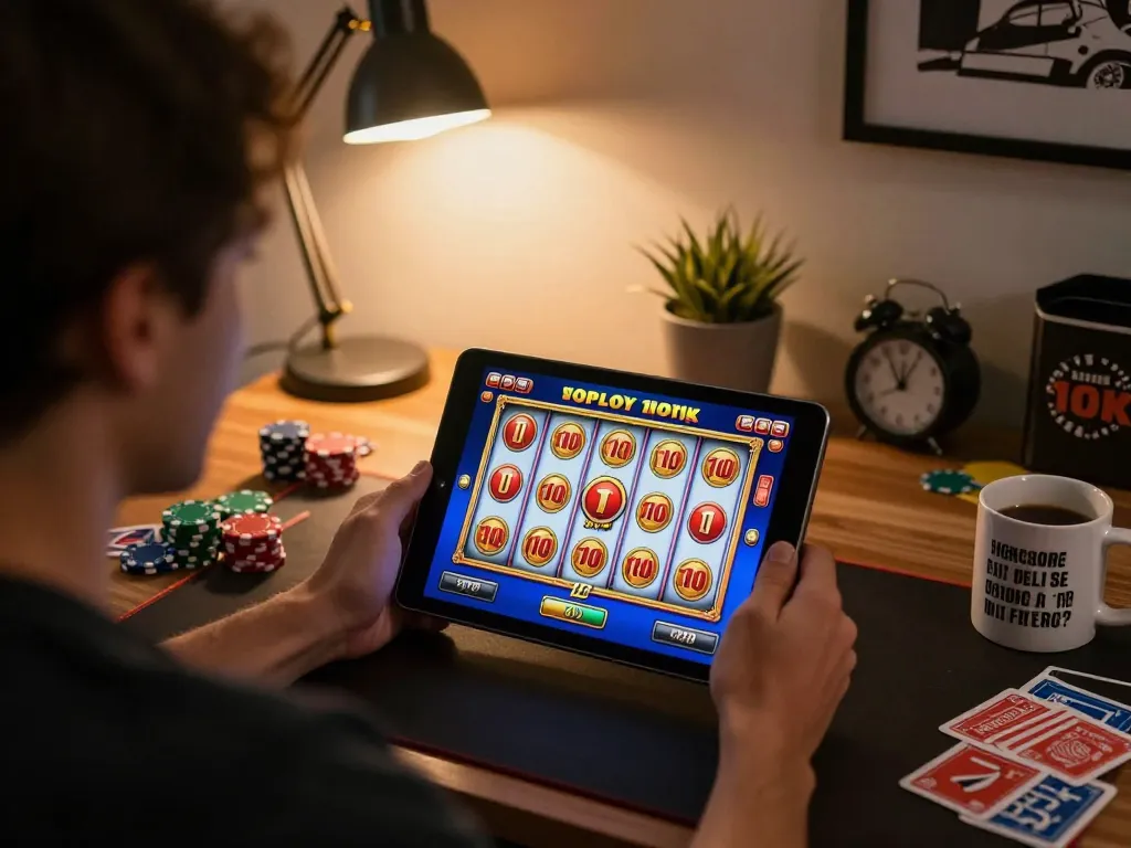 Engaging in slot depo 10k online gameplay, showcasing a player's concentration on the tablet's vibrant slot game.