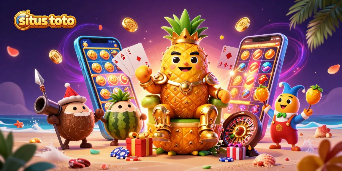 Engage with situs toto through a vibrant digital casino scene featuring a pineapple king, bodyguards, and playful game elements.