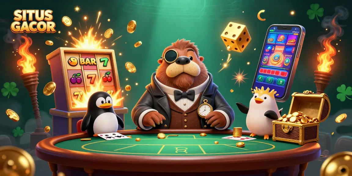 SITUS GACOR showcases a jolly walrus playing poker in a vibrant 3D casino-themed scene.