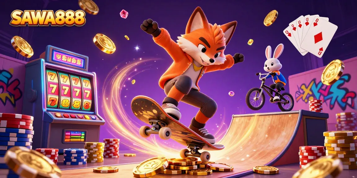 Experience thrilling slots at SAWA888 with vibrant characters performing epic tricks over golden chips.