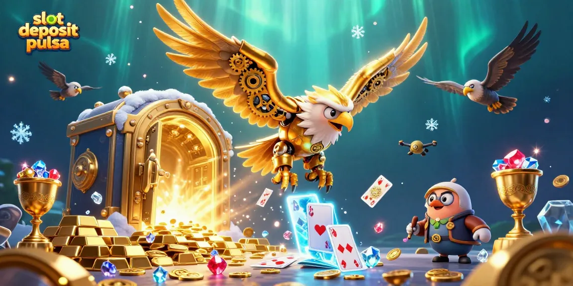 Grafik interaktif slot deposit pulsa dengan karakter dan elemen permainan kasino yang menarik