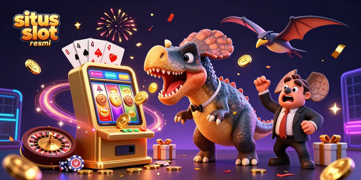 Spin to win at situs slot resmi with a cartoon pachycephalosaurus and a jackpot slot machine, vibrant casino action!