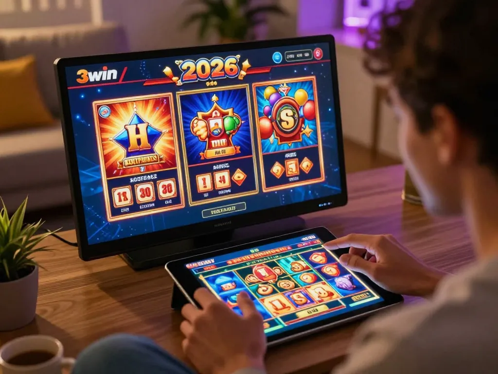 Engaged user selecting slots on tablet, showcasing 3win actor online gaming excitement.
