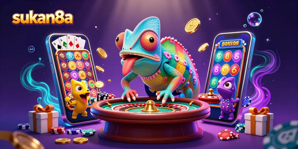 Sukan8a casino owner's vibrant chameleon character captures golden coins in action at a colorful gaming scene
