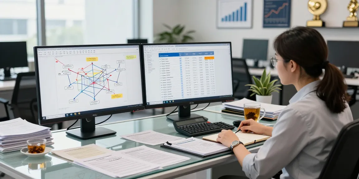Asset tracing analysis in a modern office setting with forensic accountant at work, focusing on complex financial relationships.