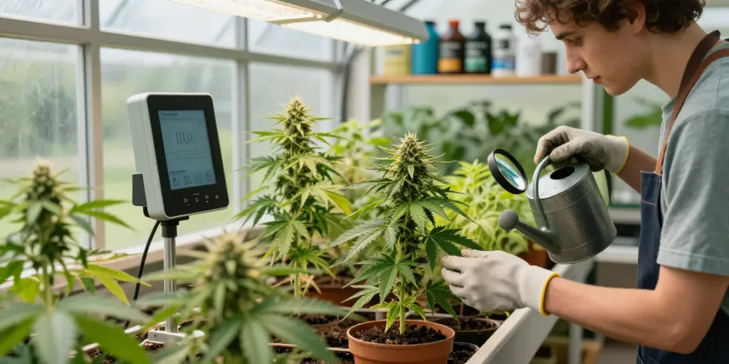 Gardener examining feminised cannabis seeds in a vibrant greenhouse, showcasing healthy plants and advanced gardening tools.