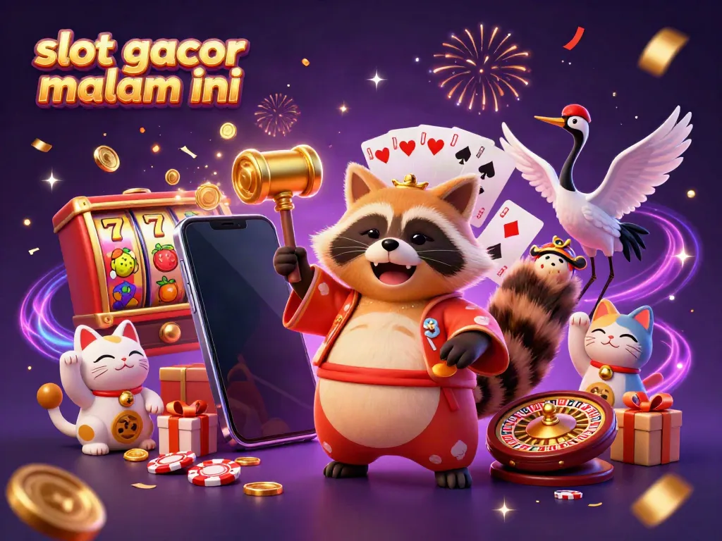 Menang besar dengan slot gacor malam ini, ilustrasi 3D dengan tanuki dan simbol slot ceria.