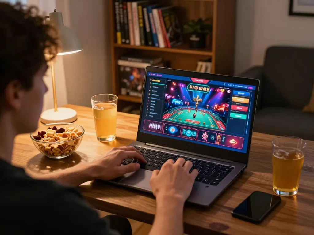 Người chơi Sunwin tận hưởng các trò chơi casino chiến lược qua laptop tại nhà, thể hiện một bầu không khí chơi game trực tuyến thoải mái và hấp dẫn.