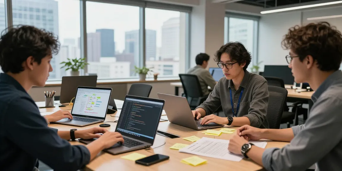 Team collaborating on 24/7 Clones software development project in a modern office, showcasing teamwork.