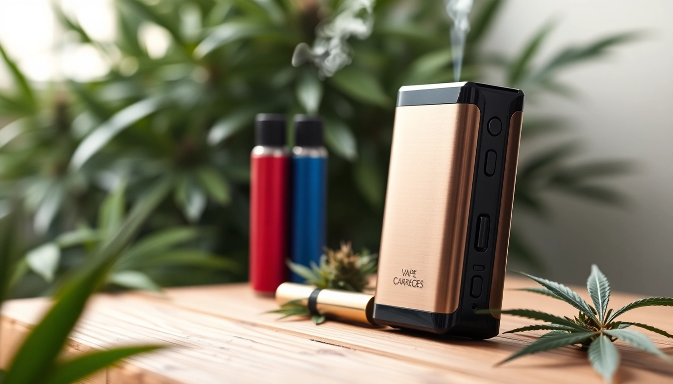 Cannabis Vape setup showcasing a premium vaporizer with colorful cartridges on a wooden surface.