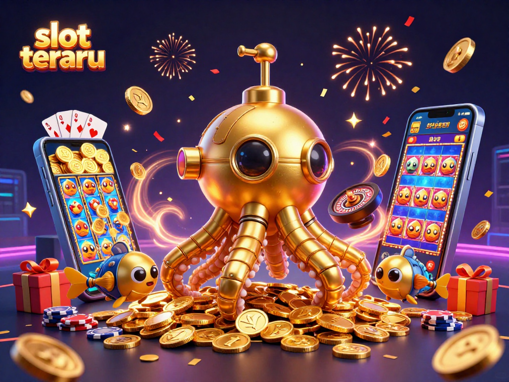 Experience the thrill of slot terbaru with vibrant games and colorful coins in this festive illustration.