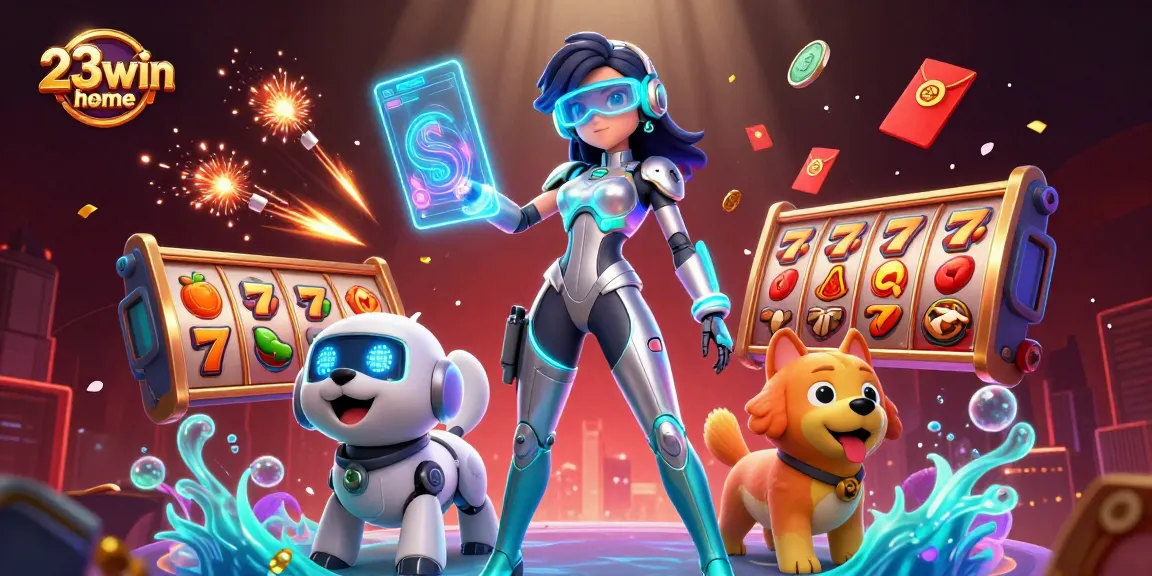Engage with 23win home's vibrant casino scene featuring a futuristic character and casino elements.