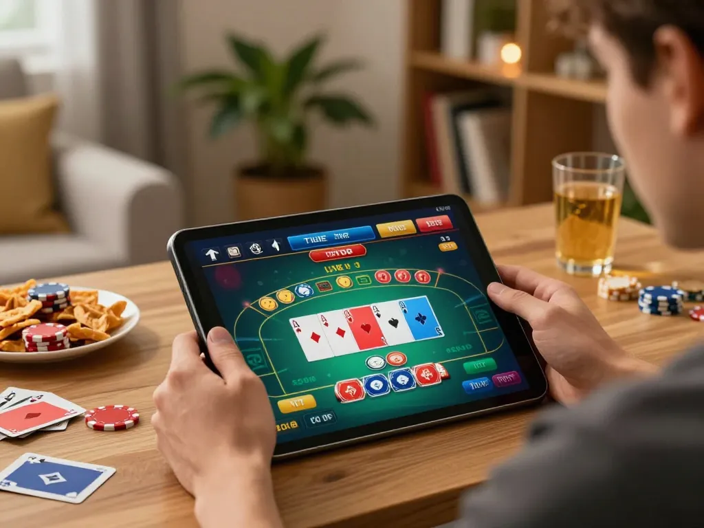 Player engaging with 99win casino app on tablet for online gambling enjoyment.