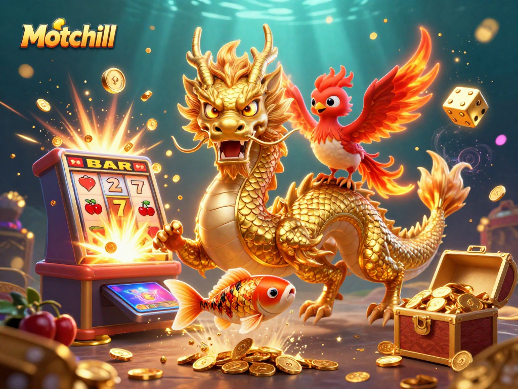 Motchill showcases a fierce dragon and phoenix amidst casino action for a vibrant gambling scene.