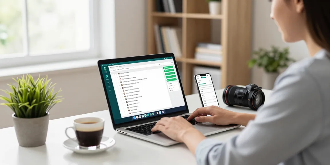 Using WhatsApp電腦版 on a laptop in a modern workspace, showcasing productivity and tech.