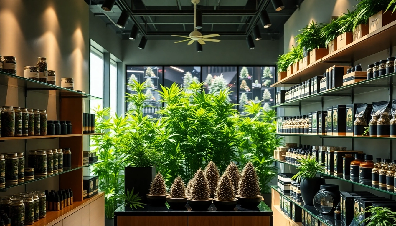 Where can you buy weed online at a modern dispensary showcasing cannabis products.