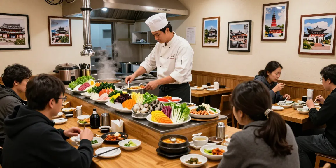 A lively 상봉동 한국관 restaurant scene showcasing a chef preparing traditional dishes with colorful ingredients, inviting diners enjoying Korean cuisine.