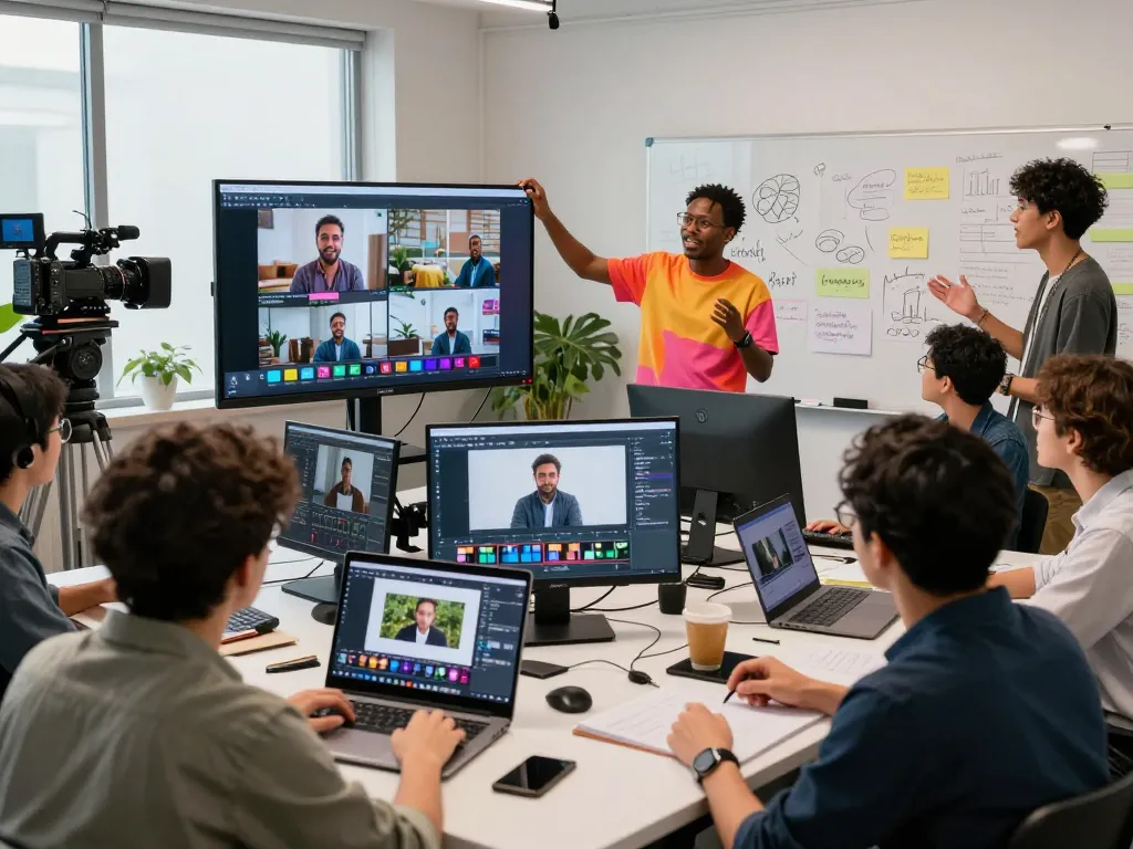 Team using Seedance 2.0 to create dynamic videos in a vibrant studio.