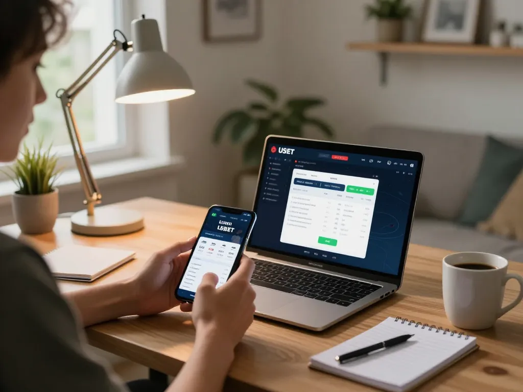 USBET app user engaged in live betting using smartphone on a cozy home desk