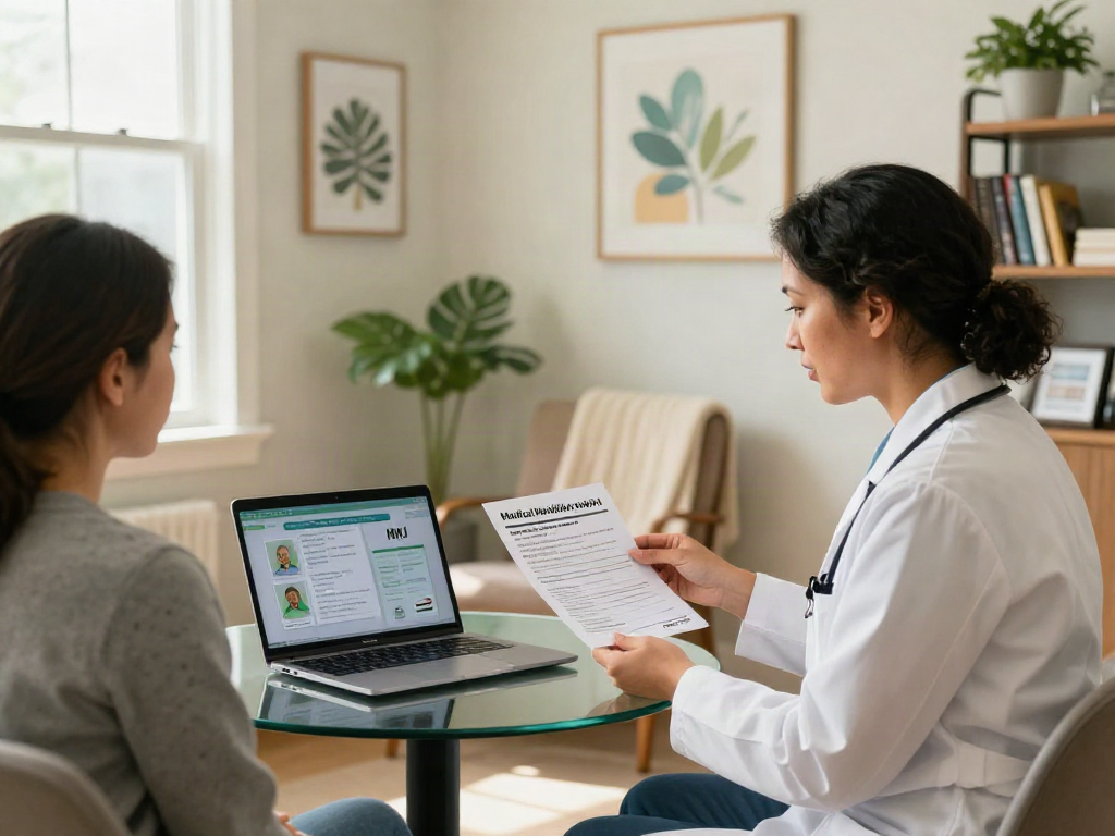 Patient discussing Texas MMJ card options with a compassionate doctor in a calming wellness clinic.