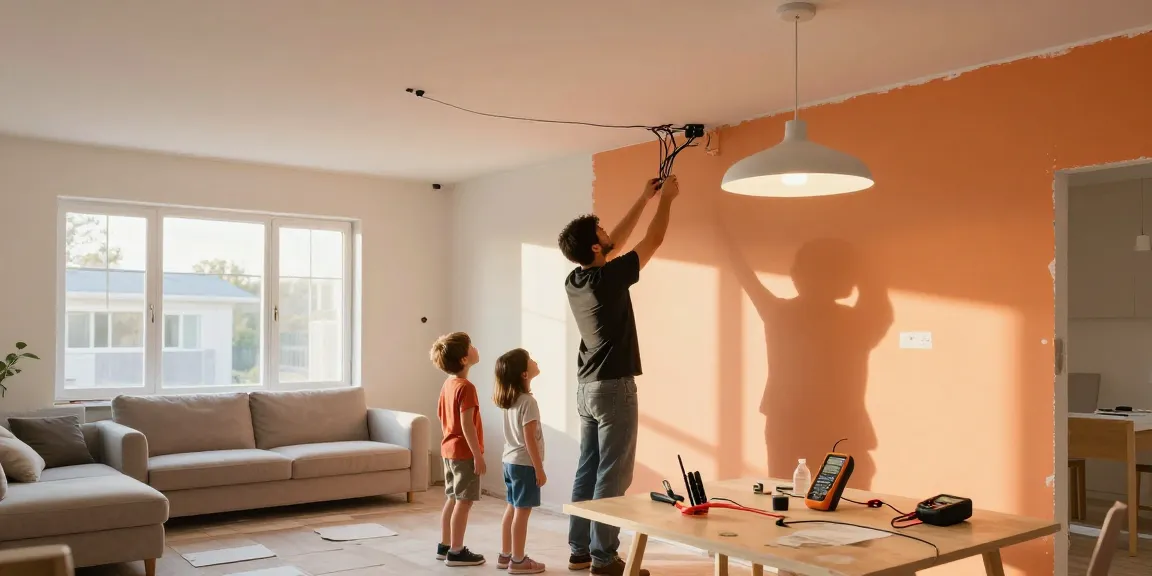 Complete home rewire in progress with family assisting electrician in living room renovation.