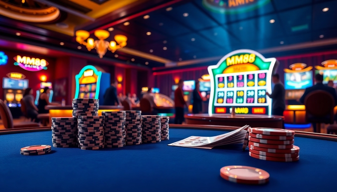 Experience the thrilling MM88 casino atmosphere with poker games and vibrant slot machines.