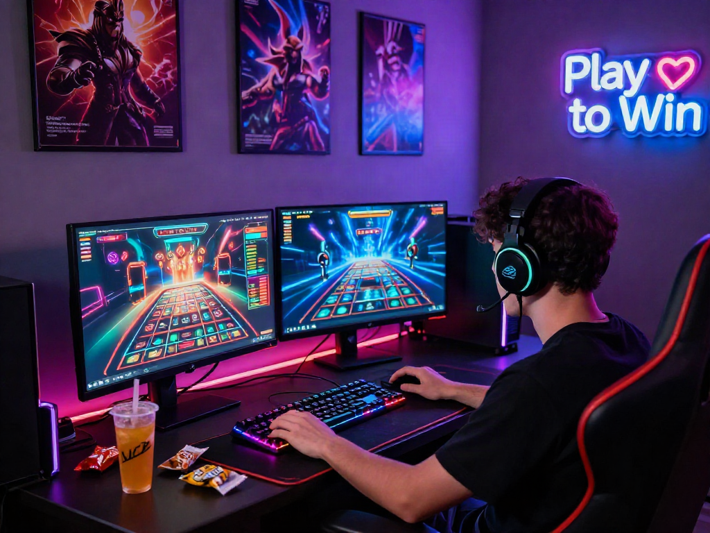 Pengaturan gaming menarik dengan fitur LUXURY111 Link Alternatif, menampilkan alat gaming modern dan suasana menyenangkan.