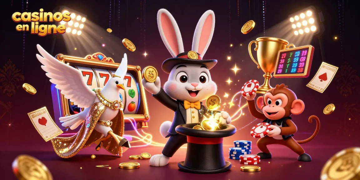 Jouer aux casinos en ligne avec une illustration festive d'un lapin magicien, une colombe et un singe.