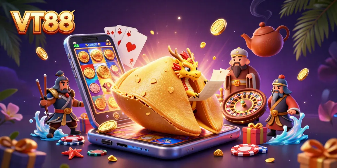 Engage with VT88 in a vibrant casino scene featuring golden fortune cookies and gaming elements.