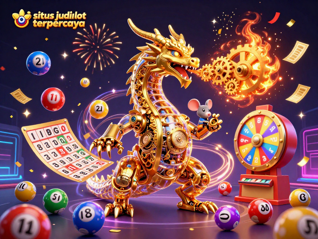 Permainan di situs judi slot terpercaya menampilkan naga emas mekanis dan bola lotere berwarna-warni.
